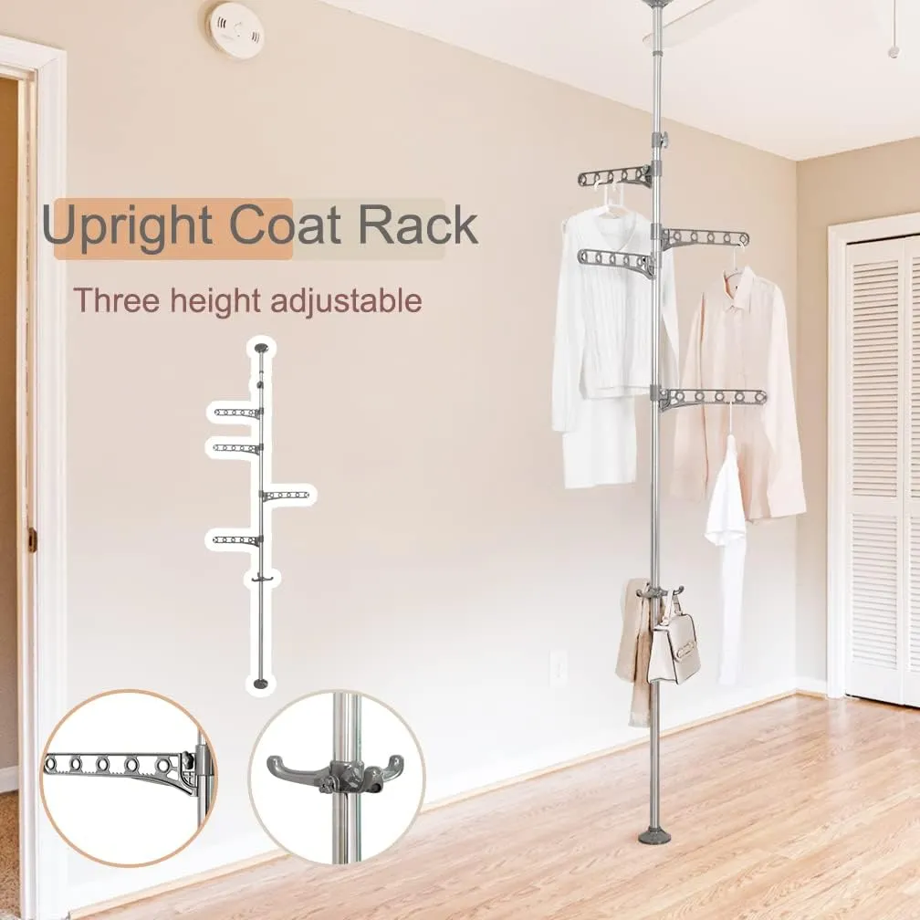Hershii Adjustable Clothes Drying Rack Indoor Balcony Laundry Storage Organizer Shelf Garment Coat Display Hanger Stand DIY Floor to Ceiling Telescopic Tension Pole Tidy Rail - Grey