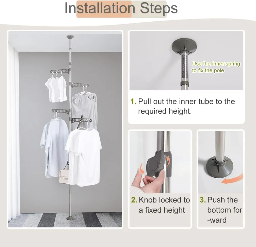 Hershii Adjustable Clothes Drying Rack Indoor Balcony Laundry Storage Organizer Shelf Garment Coat Display Hanger Stand DIY Floor to Ceiling Telescopic Tension Pole Tidy Rail - Grey