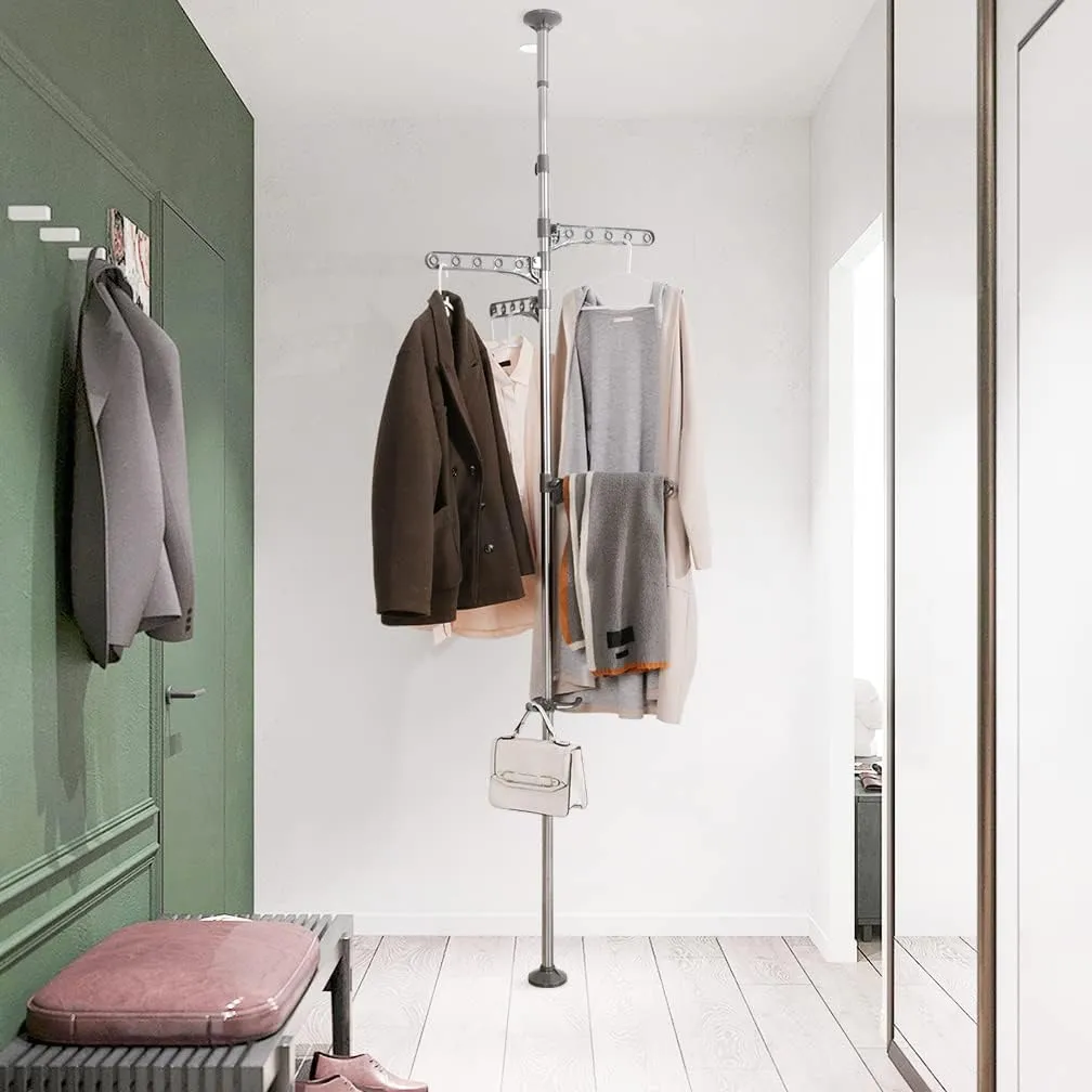 Hershii Adjustable Clothes Drying Rack Indoor Balcony Laundry Storage Organizer Shelf Garment Coat Display Hanger Stand DIY Floor to Ceiling Telescopic Tension Pole Tidy Rail - Grey