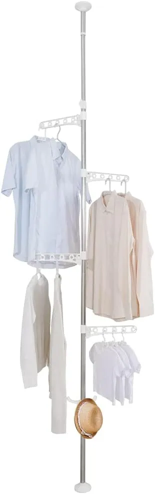 Hershii Adjustable Clothes Drying Rack Indoor Balcony Laundry Storage Organizer Shelf Garment Coat Display Hanger Stand DIY Floor to Ceiling Telescopic Tension Pole Tidy Rail - Ivory