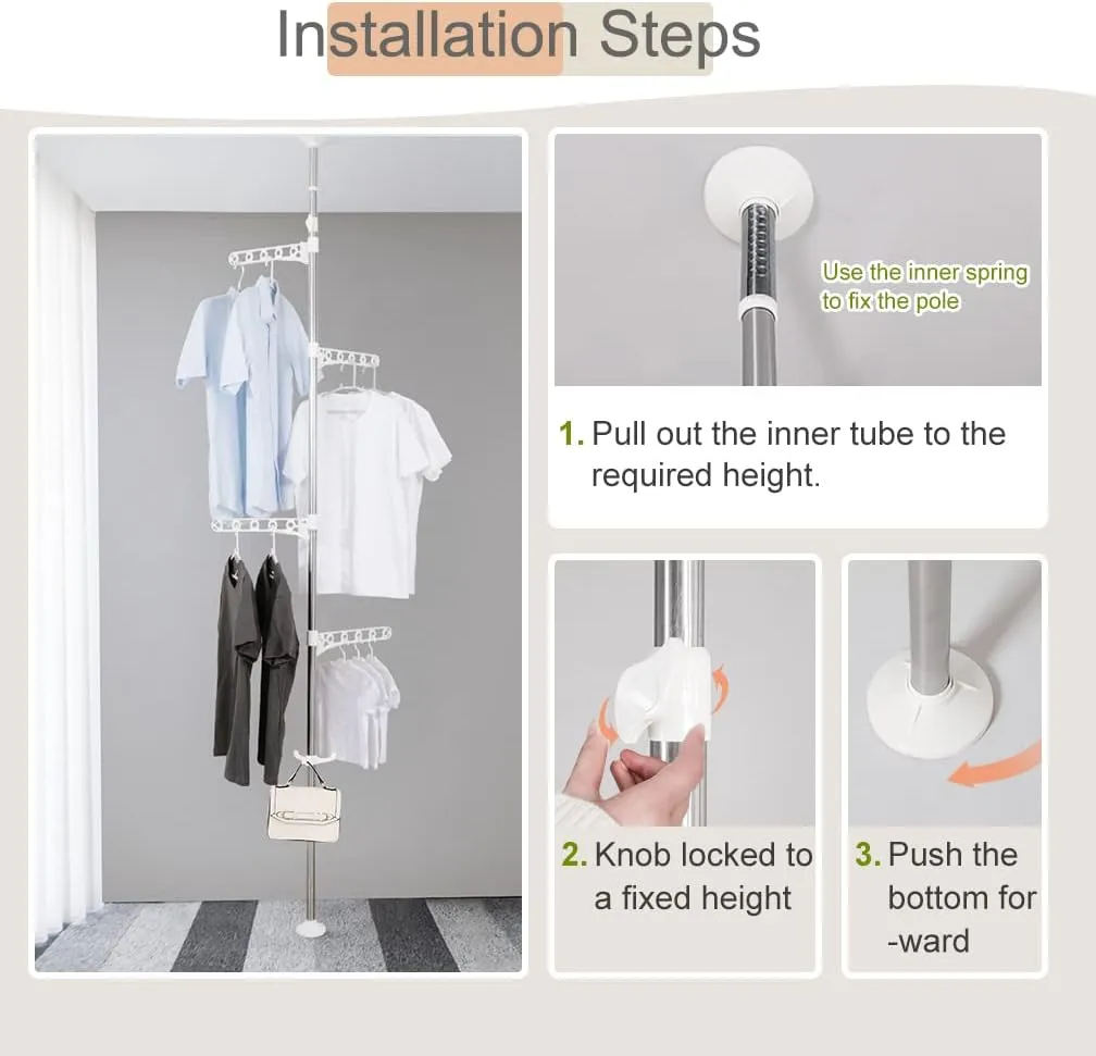 Hershii Adjustable Clothes Drying Rack Indoor Balcony Laundry Storage Organizer Shelf Garment Coat Display Hanger Stand DIY Floor to Ceiling Telescopic Tension Pole Tidy Rail - Ivory