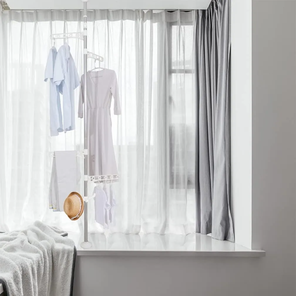 Hershii Adjustable Clothes Drying Rack Indoor Balcony Laundry Storage Organizer Shelf Garment Coat Display Hanger Stand DIY Floor to Ceiling Telescopic Tension Pole Tidy Rail - Ivory