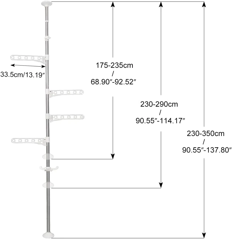 Hershii Adjustable Clothes Drying Rack Indoor Balcony Laundry Storage Organizer Shelf Garment Coat Display Hanger Stand DIY Floor to Ceiling Telescopic Tension Pole Tidy Rail - Ivory