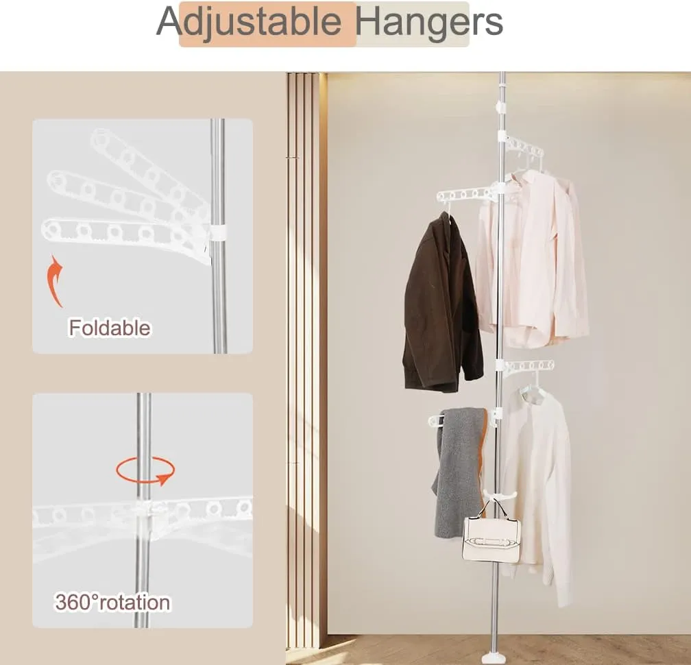 Hershii Adjustable Clothes Drying Rack Indoor Balcony Laundry Storage Organizer Shelf Garment Coat Display Hanger Stand DIY Floor to Ceiling Telescopic Tension Pole Tidy Rail - Ivory