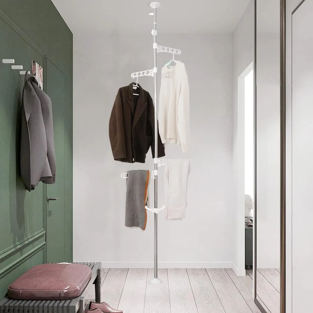 Hershii Adjustable Clothes Drying Rack Indoor Balcony Laundry Storage Organizer Shelf Garment Coat Display Hanger Stand DIY Floor to Ceiling Telescopic Tension Pole Tidy Rail - Ivory