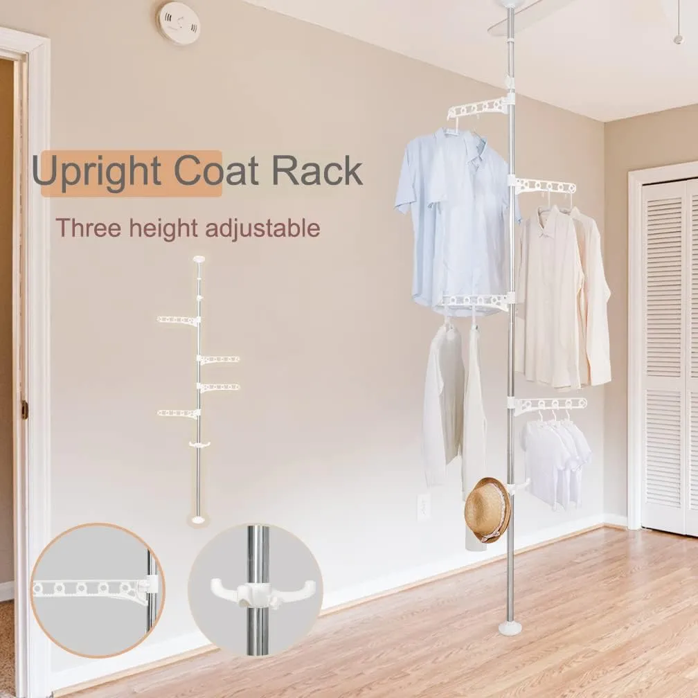 Hershii Adjustable Clothes Drying Rack Indoor Balcony Laundry Storage Organizer Shelf Garment Coat Display Hanger Stand DIY Floor to Ceiling Telescopic Tension Pole Tidy Rail - Ivory