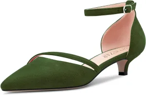 HEUIVZAR Womens Heel Pumps Pointed Toe Kitten Low Heel Ankle Strap Sandals Suede Dress Shoes Bridal 1.5 Inch