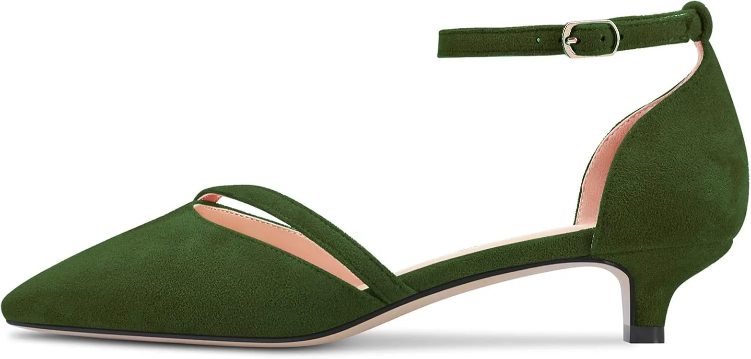 HEUIVZAR Womens Heel Pumps Pointed Toe Kitten Low Heel Ankle Strap Sandals Suede Dress Shoes Bridal 1.5 Inch