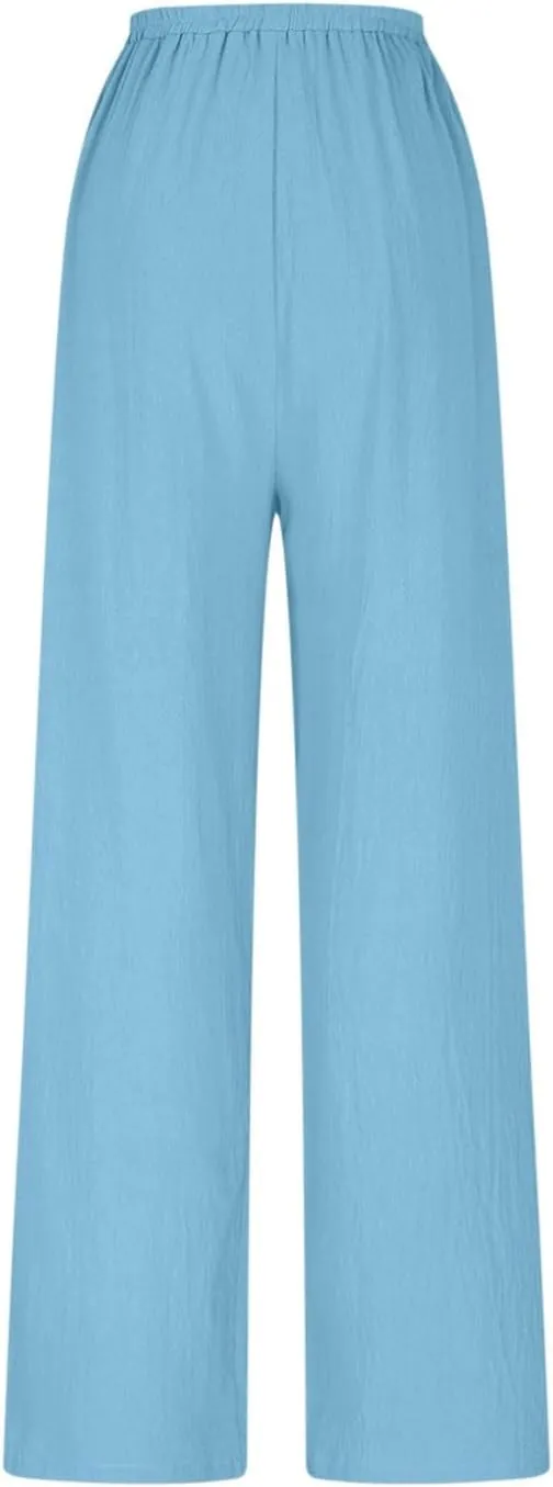 HGps8w Women's Boho Cotton Linen Palazzo Pants Trendy Wide Leg Summer Loose High Waisted Lounge Beach Trousers with Pockets