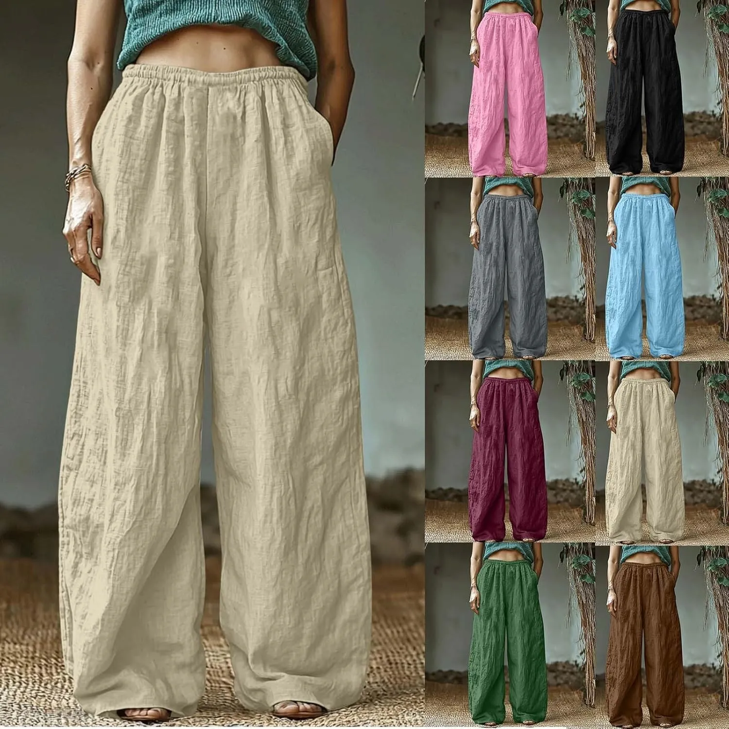 HGps8w Women's Boho Cotton Linen Palazzo Pants Trendy Wide Leg Summer Loose High Waisted Lounge Beach Trousers with Pockets
