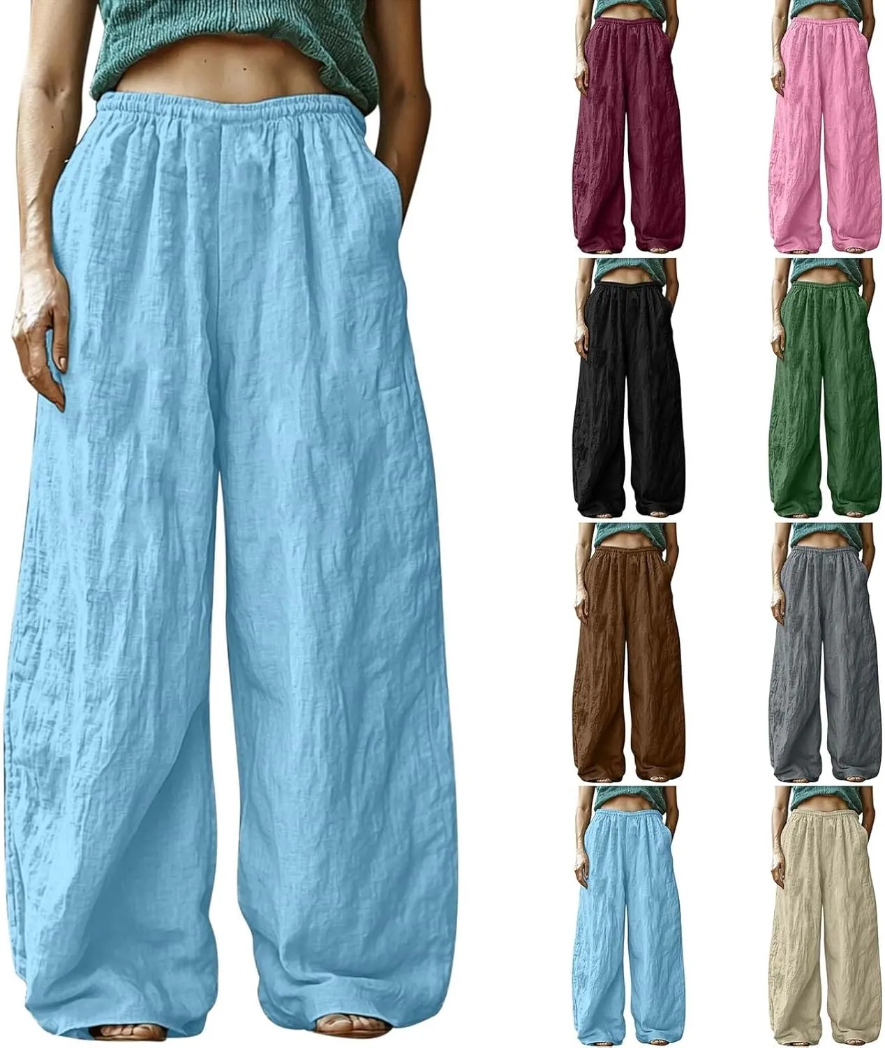 HGps8w Women's Boho Cotton Linen Palazzo Pants Trendy Wide Leg Summer Loose High Waisted Lounge Beach Trousers with Pockets