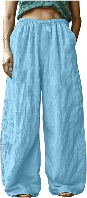 HGps8w Women's Boho Cotton Linen Palazzo Pants Trendy Wide Leg Summer Loose High Waisted Lounge Beach Trousers with Pockets