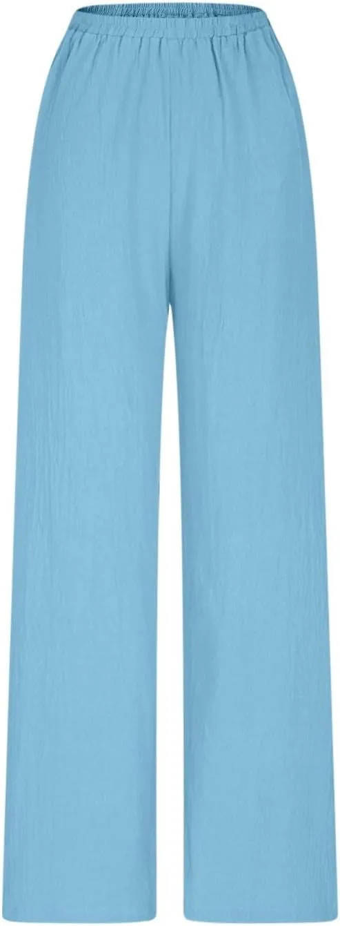 HGps8w Women's Boho Cotton Linen Palazzo Pants Trendy Wide Leg Summer Loose High Waisted Lounge Beach Trousers with Pockets