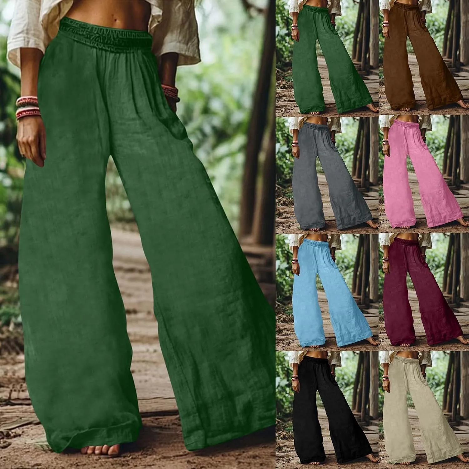 HGps8w Women's Summer Cotton Linen Loose Palazzo Pants Boho Trendy Wide Leg High Waisted Lounge Trousers with Pockets
