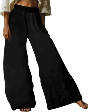 HGps8w Women's Summer Cotton Linen Loose Palazzo Pants Boho Trendy Wide Leg High Waisted Lounge Trousers with Pockets