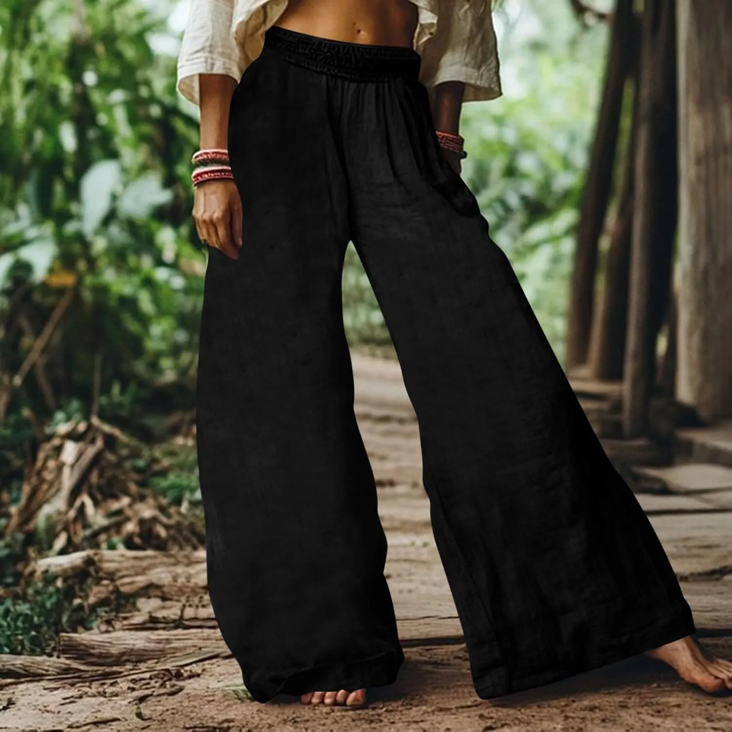 HGps8w Women's Summer Cotton Linen Loose Palazzo Pants Boho Trendy Wide Leg High Waisted Lounge Trousers with Pockets