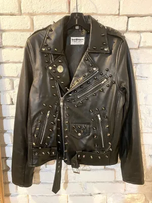 High Quality Mens Lambskin Leather Jacket w Black Studs, M
