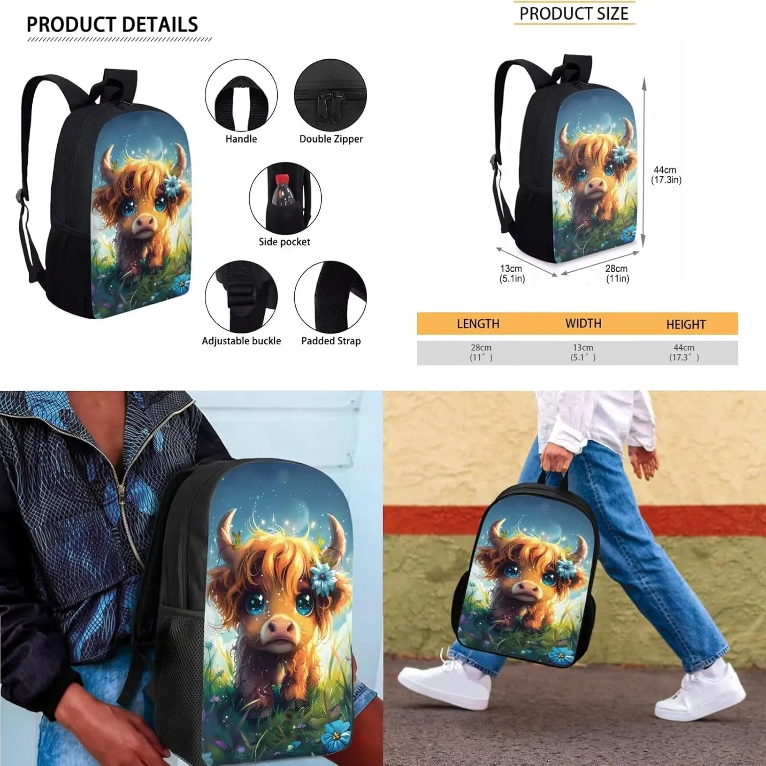 Highland Cow Backpack for Girls Kids Backpack with Lunch Box and Cute Pencil Case 3PCS Bookbag Set 17" Large Capacity School Bag with Side Pocket for Elementary Girls Casual Daypack Backpacks