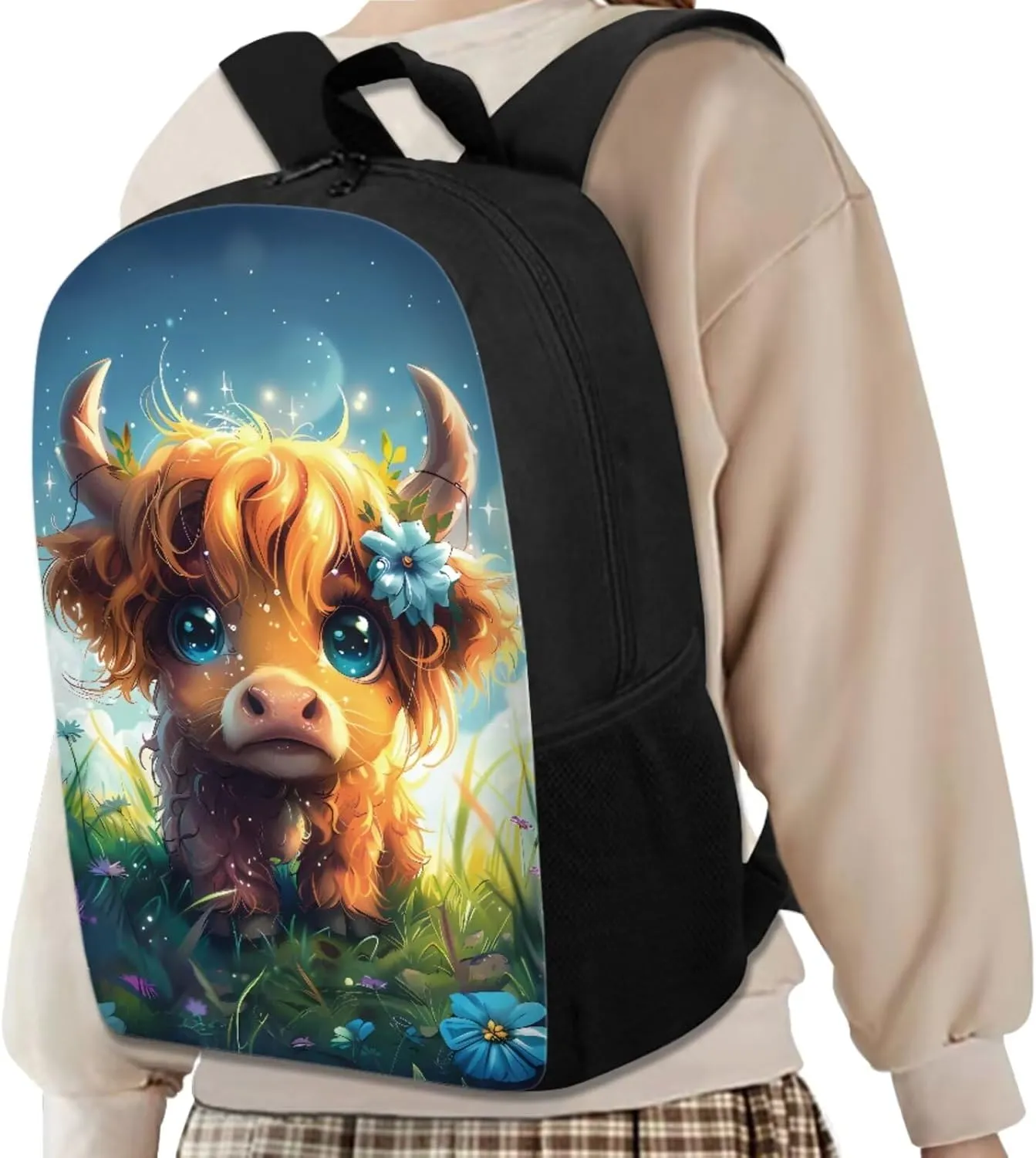 Highland Cow Backpack for Girls Kids Backpack with Lunch Box and Cute Pencil Case 3PCS Bookbag Set 17" Large Capacity School Bag with Side Pocket for Elementary Girls Casual Daypack Backpacks