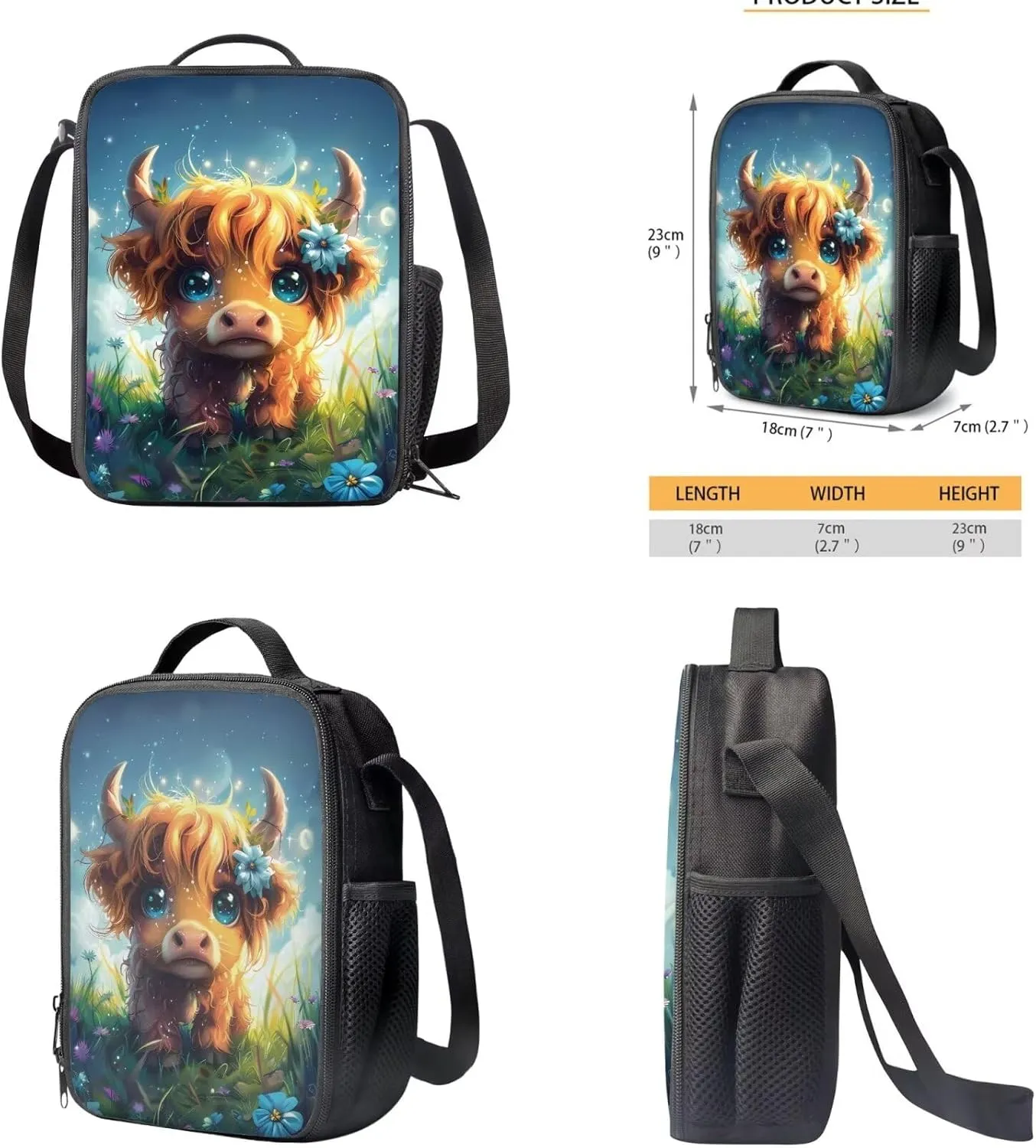 Highland Cow Backpack for Girls Kids Backpack with Lunch Box and Cute Pencil Case 3PCS Bookbag Set 17" Large Capacity School Bag with Side Pocket for Elementary Girls Casual Daypack Backpacks