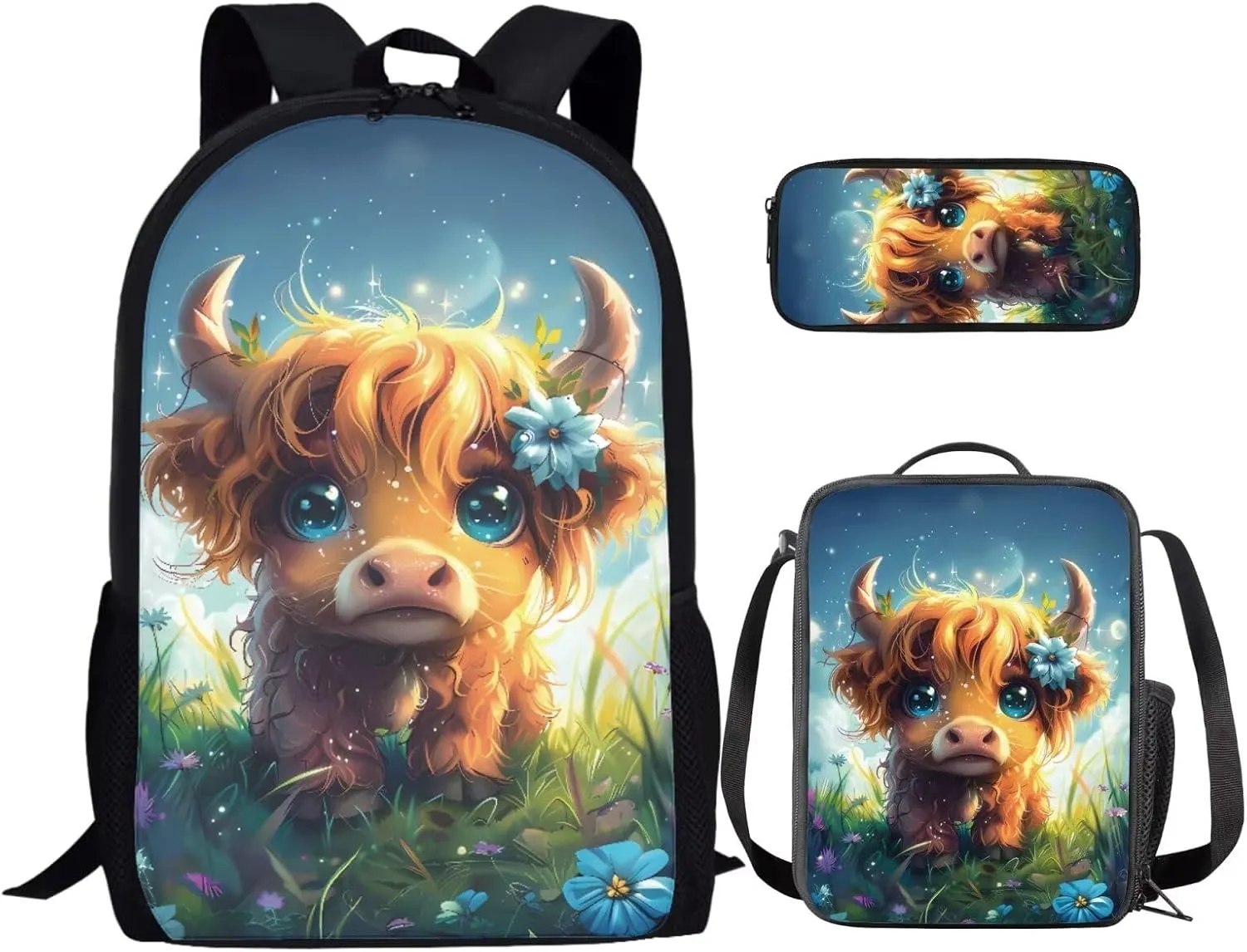 Highland Cow Backpack for Girls Kids Backpack with Lunch Box and Cute Pencil Case 3PCS Bookbag Set 17" Large Capacity School Bag with Side Pocket for Elementary Girls Casual Daypack Backpacks