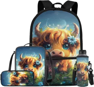 Highland Cow Backpack for Girls Kids Backpack with Lunch Box Water Bottle Carrier and Cute Pencil Case 4PCS Set Bookbag with Front Pocket 17 inch Large Capacity School Bag for Elementary Girls