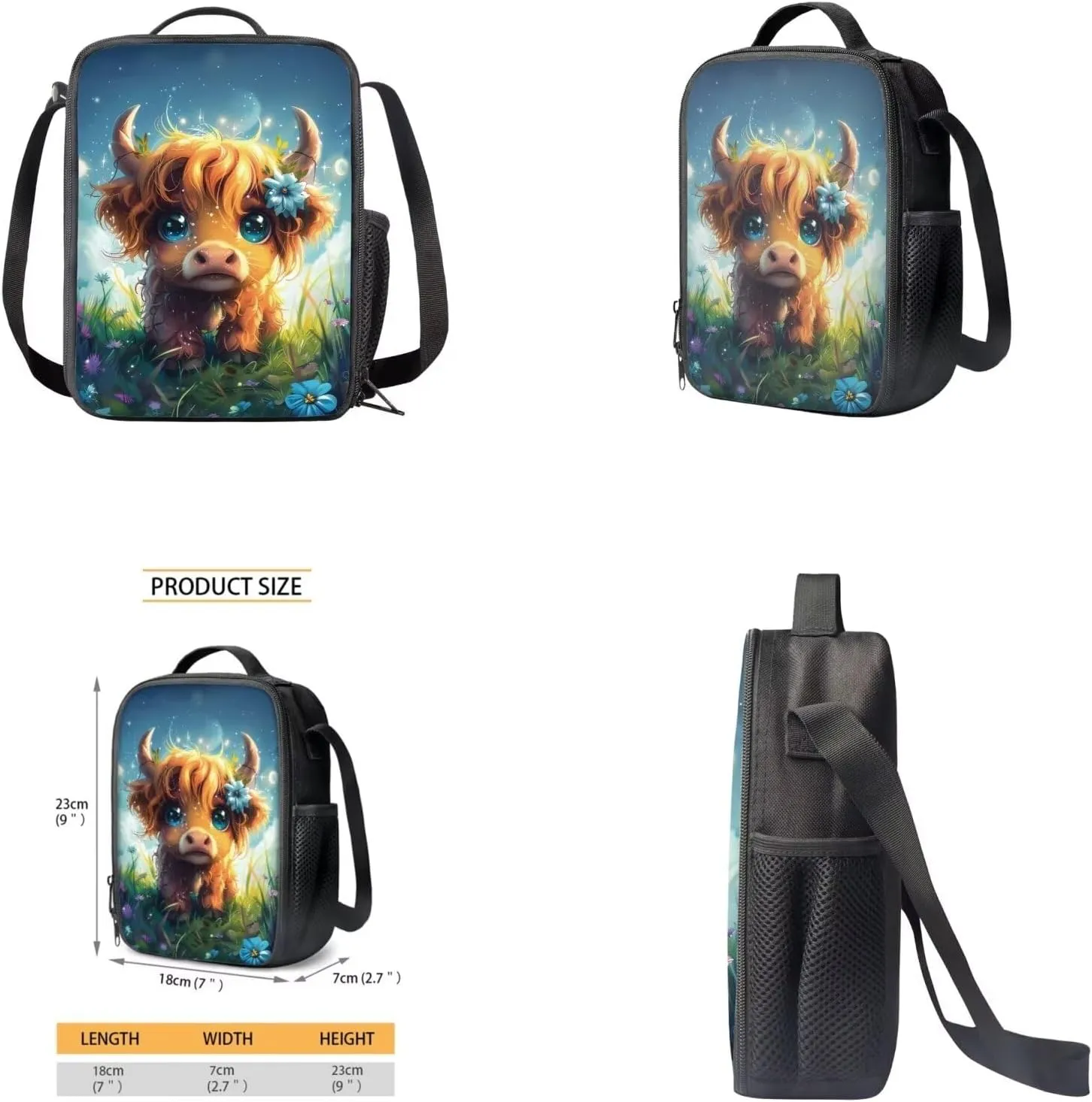 Highland Cow Backpack for Girls Kids Backpack with Lunch Box Water Bottle Carrier and Cute Pencil Case 4PCS Set Bookbag with Front Pocket 17 inch Large Capacity School Bag for Elementary Girls