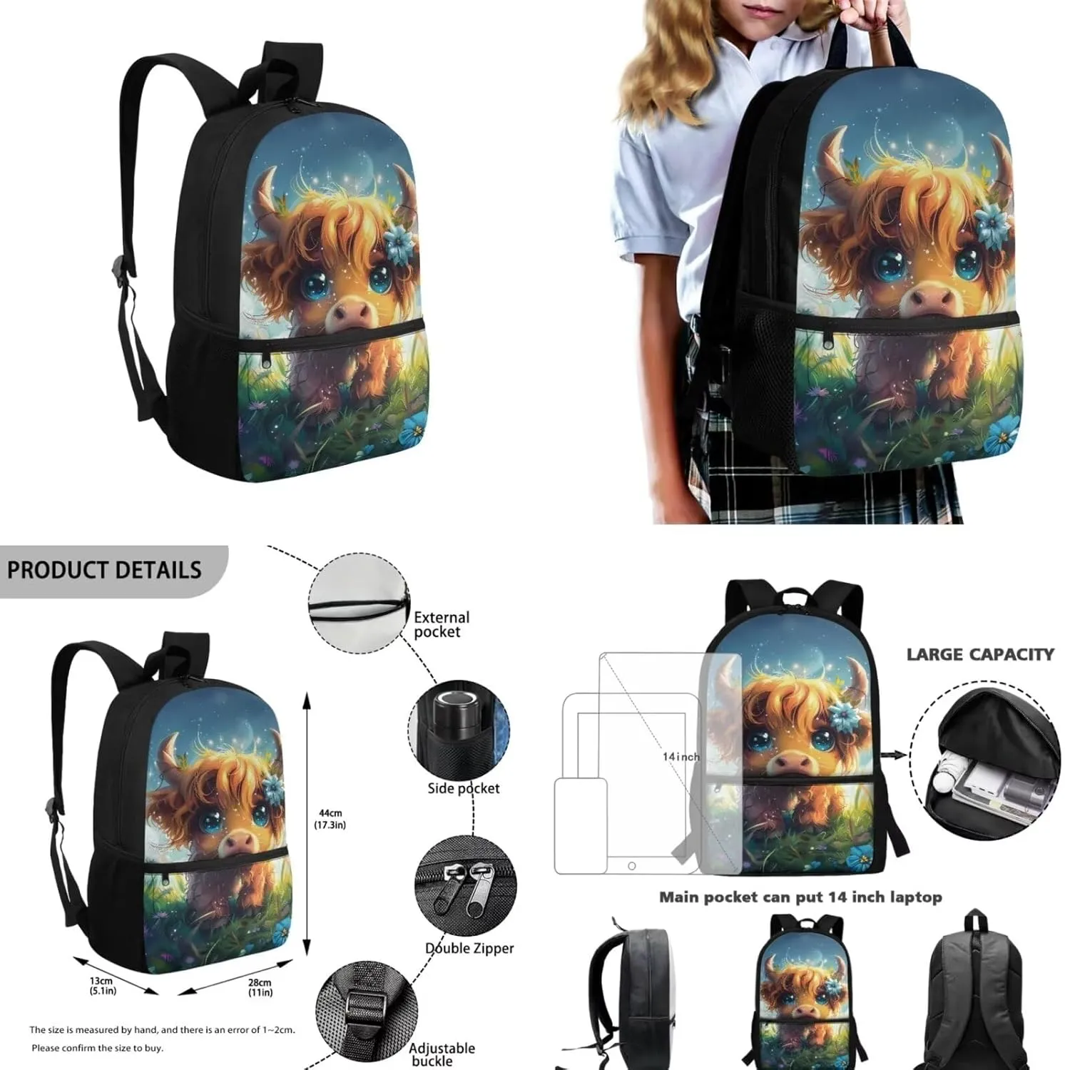 Highland Cow Backpack for Girls Kids Backpack with Lunch Box Water Bottle Carrier and Cute Pencil Case 4PCS Set Bookbag with Front Pocket 17 inch Large Capacity School Bag for Elementary Girls