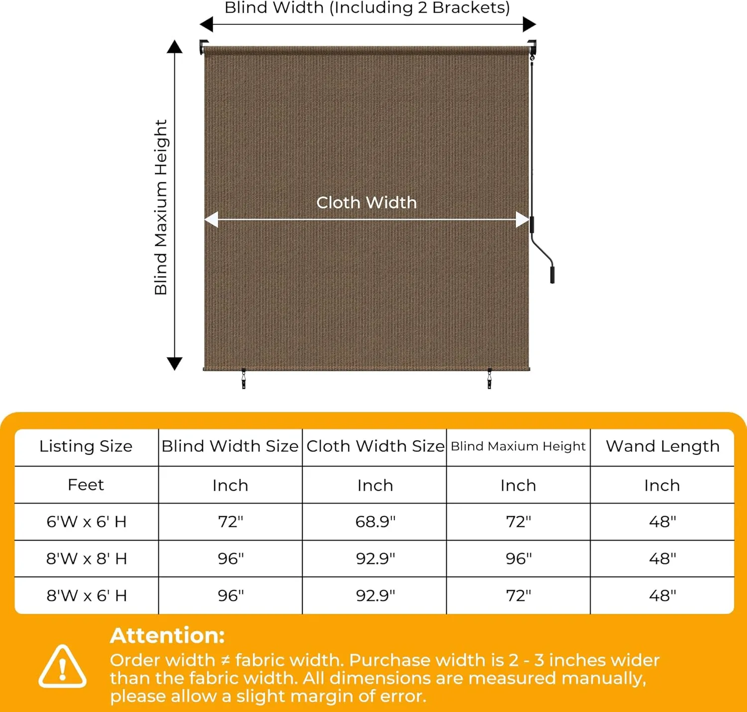 HOMEDEMO Outdoor Roller Shades for Patio, 8'x 6'(WxH) Mocha Roll up Shade for Outside，Sun Roller Shade Cloth Roll Blinds Cordless Waterproof for Porch Gazebo Pergola Balcony Backyard