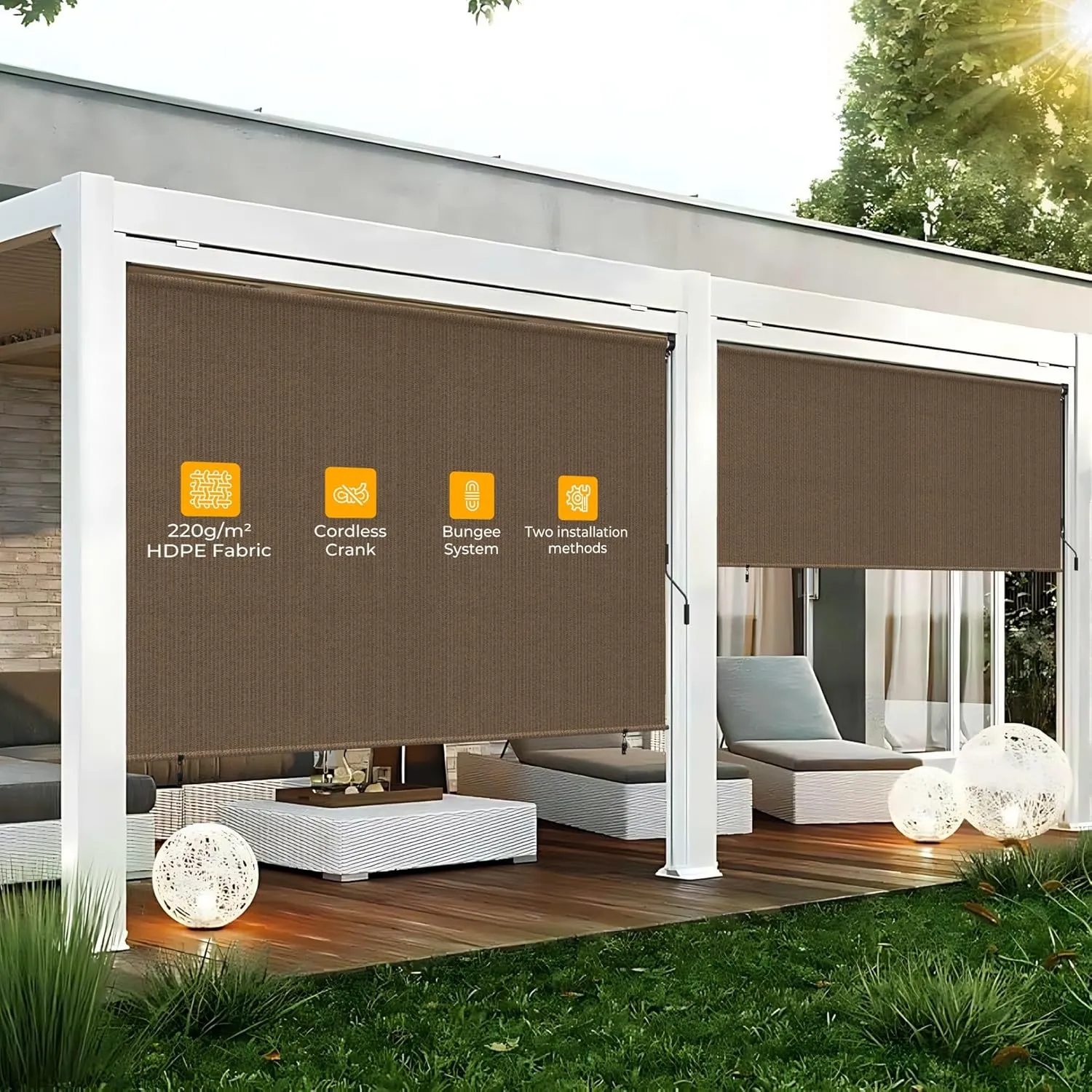 HOMEDEMO Outdoor Roller Shades for Patio, 8'x 6'(WxH) Mocha Roll up Shade for Outside，Sun Roller Shade Cloth Roll Blinds Cordless Waterproof for Porch Gazebo Pergola Balcony Backyard