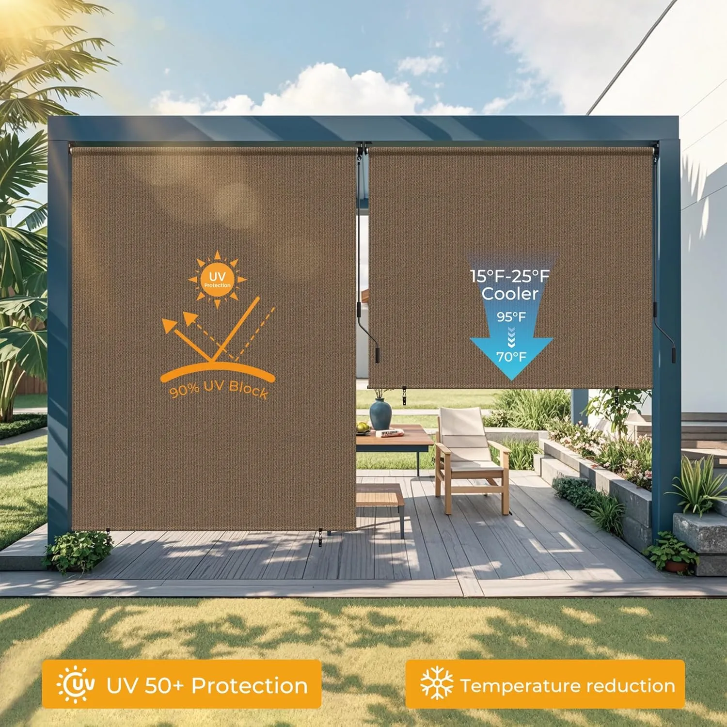 HOMEDEMO Outdoor Roller Shades for Patio, 8'x 6'(WxH) Mocha Roll up Shade for Outside，Sun Roller Shade Cloth Roll Blinds Cordless Waterproof for Porch Gazebo Pergola Balcony Backyard