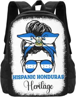 Honduras Flag Hispanic Heritage Month Messy Bun Casual Backpack Large Capacity Backpacks 15 Inch Laptop Back Pack Travel Rucksack Daypack Commuter Bags with Adjustable Strap for Camping