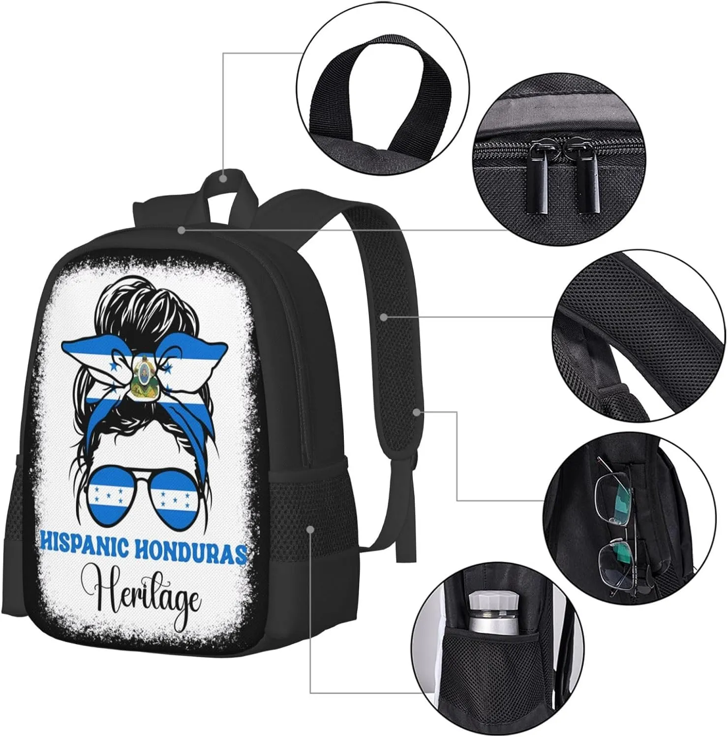 Honduras Flag Hispanic Heritage Month Messy Bun Casual Backpack Large Capacity Backpacks 15 Inch Laptop Back Pack Travel Rucksack Daypack Commuter Bags with Adjustable Strap for Camping