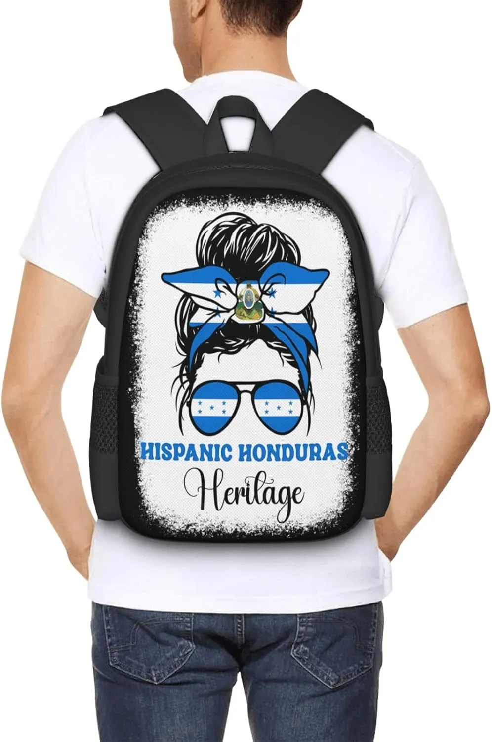 Honduras Flag Hispanic Heritage Month Messy Bun Casual Backpack Large Capacity Backpacks 15 Inch Laptop Back Pack Travel Rucksack Daypack Commuter Bags with Adjustable Strap for Camping