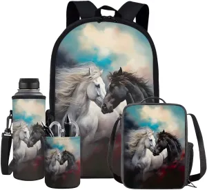 Horse Backpack for Boys Girls Backpack with Lunch Box Water Bottle Pouch and Pencil Cup 4Pcs Set 17 inch Lightweight Bookbag for School Sturdy School Bag with Side Pocket for Kids Elementary