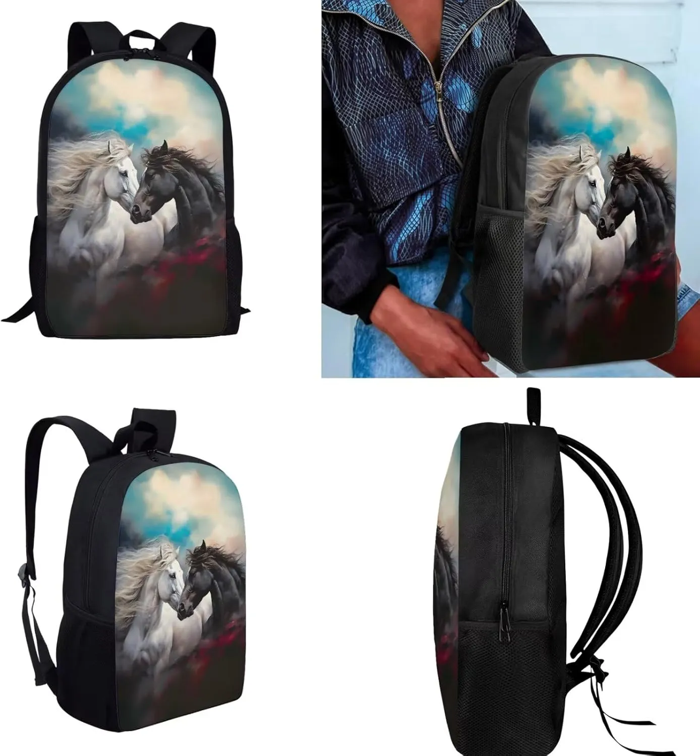 Horse Backpack for Boys Girls Backpack with Lunch Box Water Bottle Pouch and Pencil Cup 4Pcs Set 17 inch Lightweight Bookbag for School Sturdy School Bag with Side Pocket for Kids Elementary