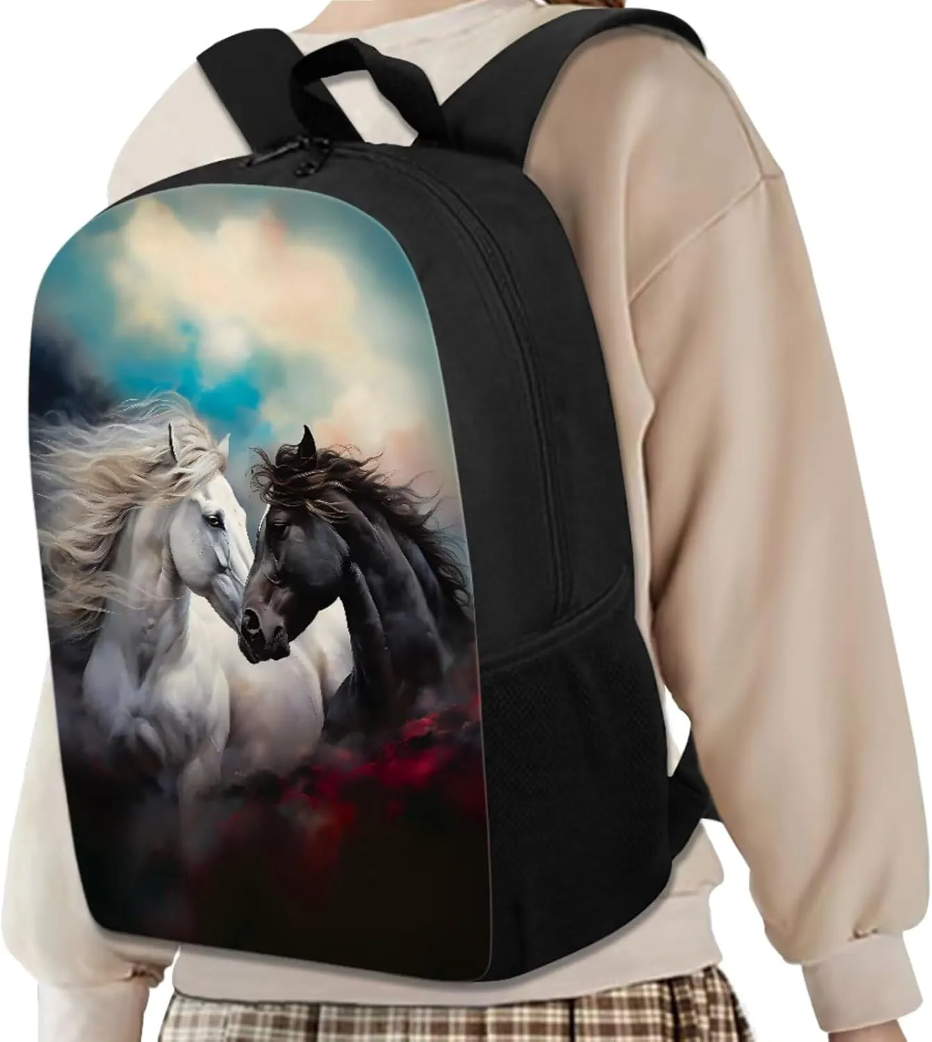 Horse Backpack for Boys Girls Backpack with Lunch Box Water Bottle Pouch and Pencil Cup 4Pcs Set 17 inch Lightweight Bookbag for School Sturdy School Bag with Side Pocket for Kids Elementary