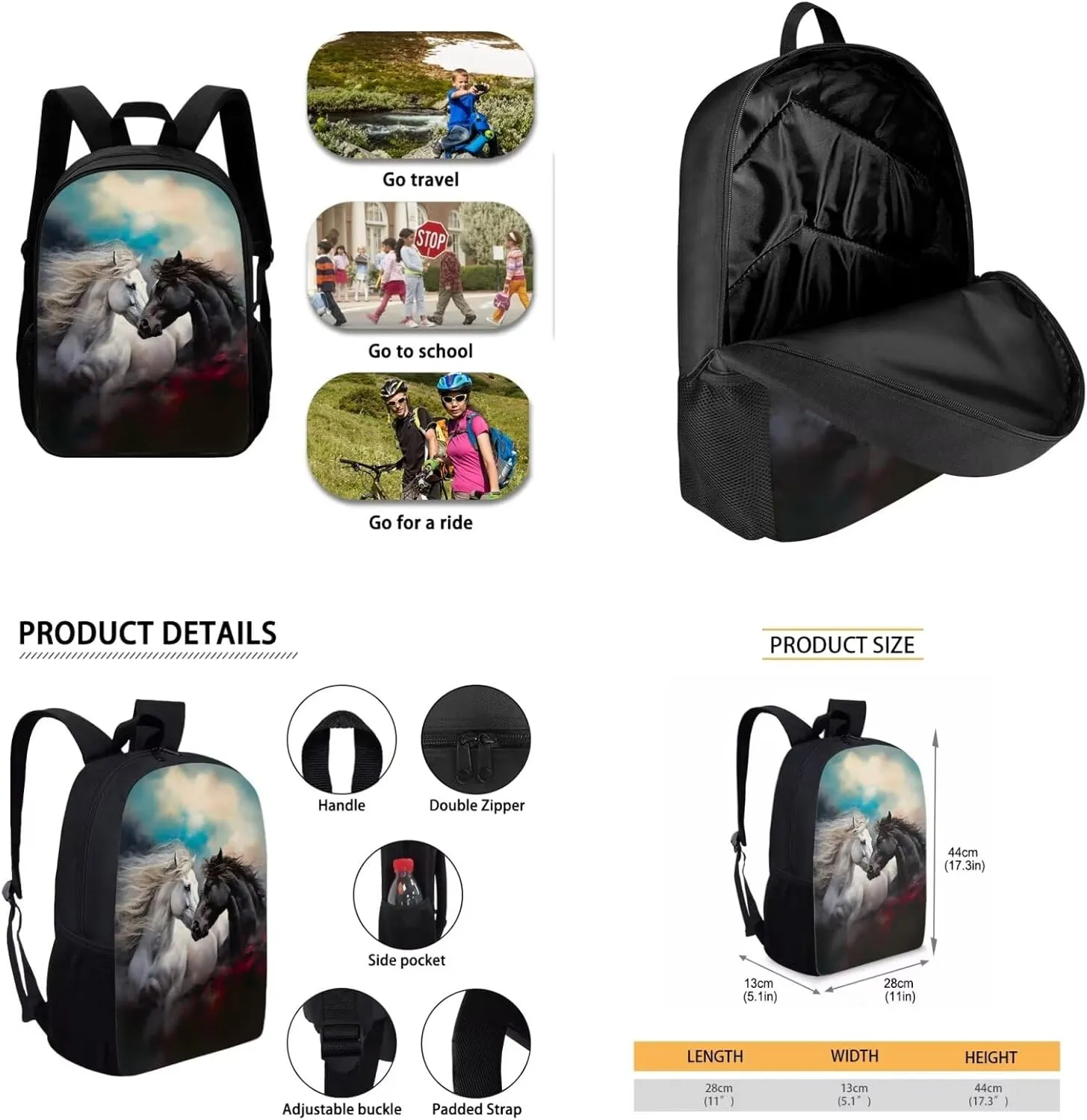 Horse Backpack for Boys Girls Backpack with Lunch Box Water Bottle Pouch and Pencil Cup 4Pcs Set 17 inch Lightweight Bookbag for School Sturdy School Bag with Side Pocket for Kids Elementary
