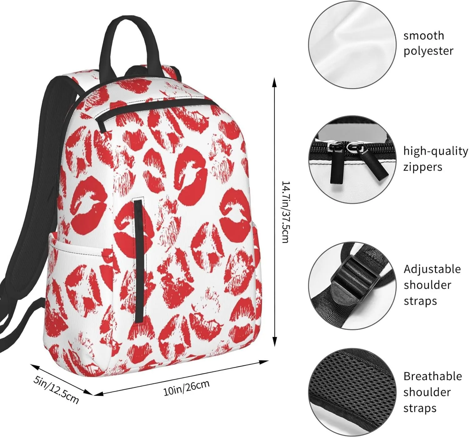Hot Red Lips Kissing Casual Backpacks Large Capacity Laptop Backpack Sports Rucksack Travel Daypack Adjustable Shoulder Strap Work Bag for Outdoor Camping