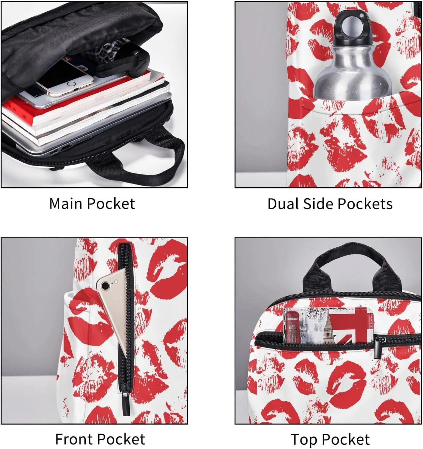 Hot Red Lips Kissing Casual Backpacks Large Capacity Laptop Backpack Sports Rucksack Travel Daypack Adjustable Shoulder Strap Work Bag for Outdoor Camping