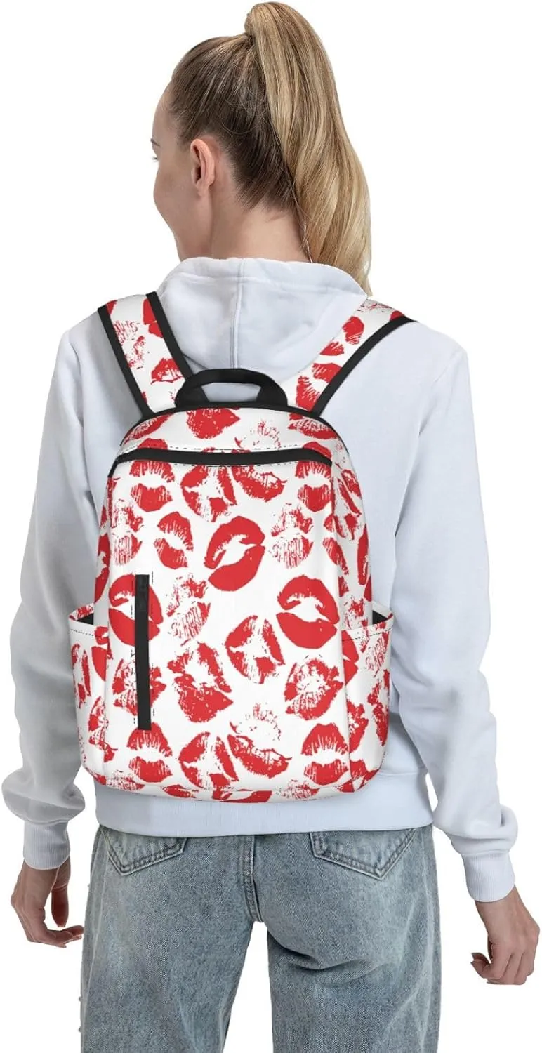 Hot Red Lips Kissing Casual Backpacks Large Capacity Laptop Backpack Sports Rucksack Travel Daypack Adjustable Shoulder Strap Work Bag for Outdoor Camping
