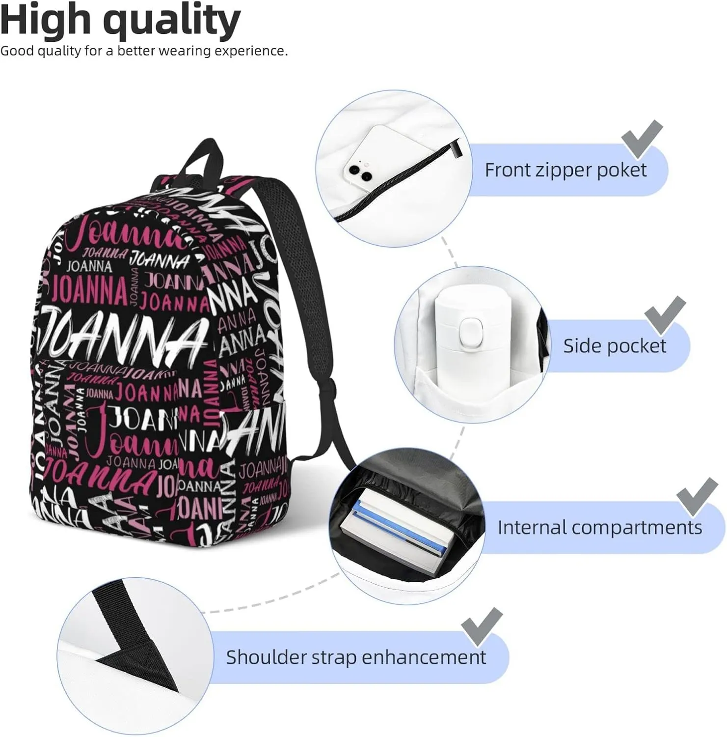 Husguciy Custom Backpack with Name, Personalized Bookbag for Boys Girls Adult, Customized School Bag for School Office Travel (Black Pink)