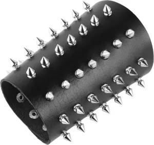 HZMAN Unisex Black Metal Spike Studded Punk Rock Biker Wide Strap Leather Bracelet