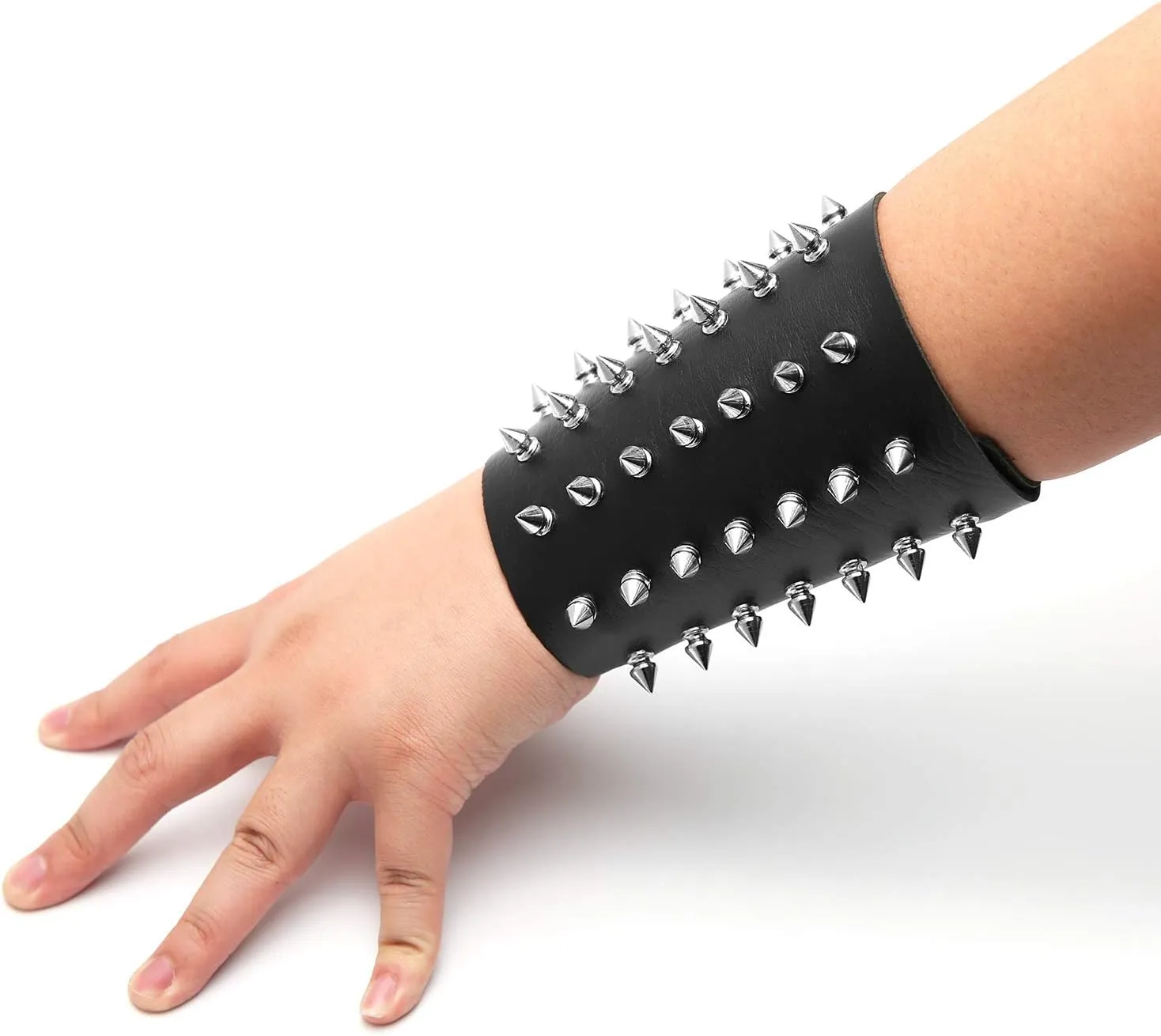 HZMAN Unisex Black Metal Spike Studded Punk Rock Biker Wide Strap Leather Bracelet