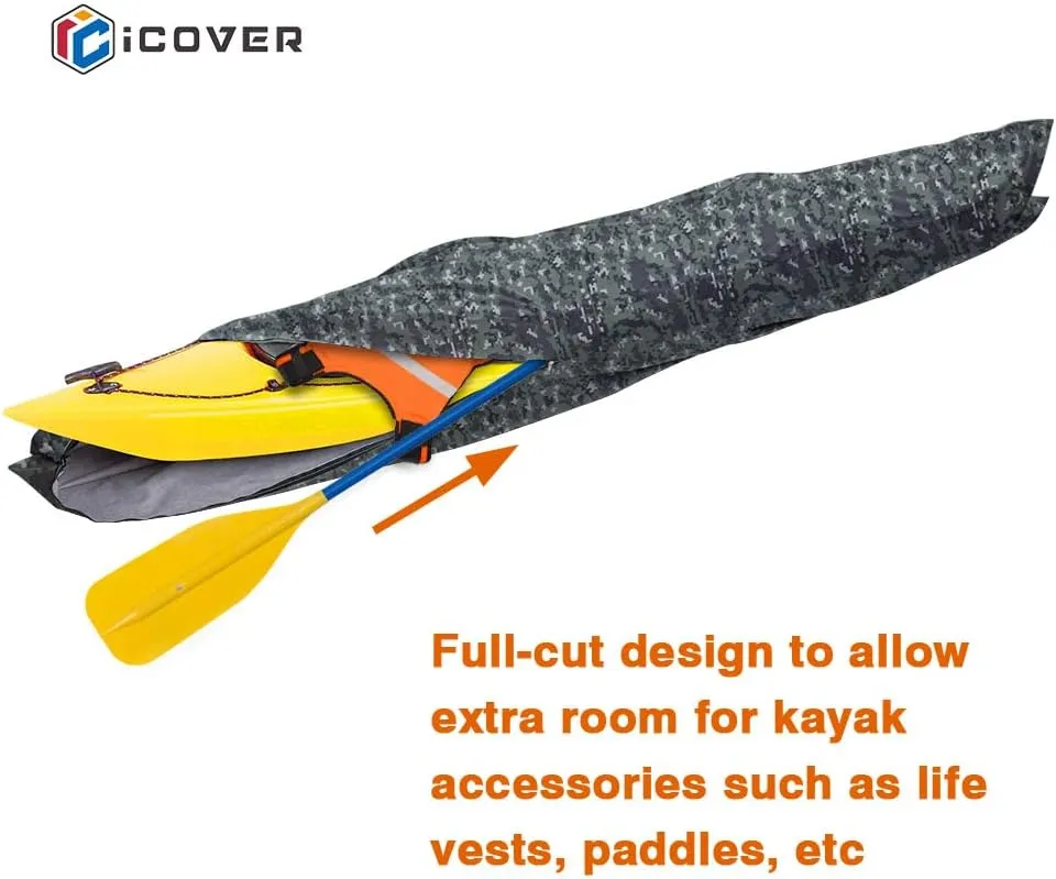 i COVER 16ft Kayak Cover- Water Proof Heavy Duty Kayaks/Canoe Covers Fits Canoes or Paddleboards up to 16ft Long and Beam Width up to 36in, Camo