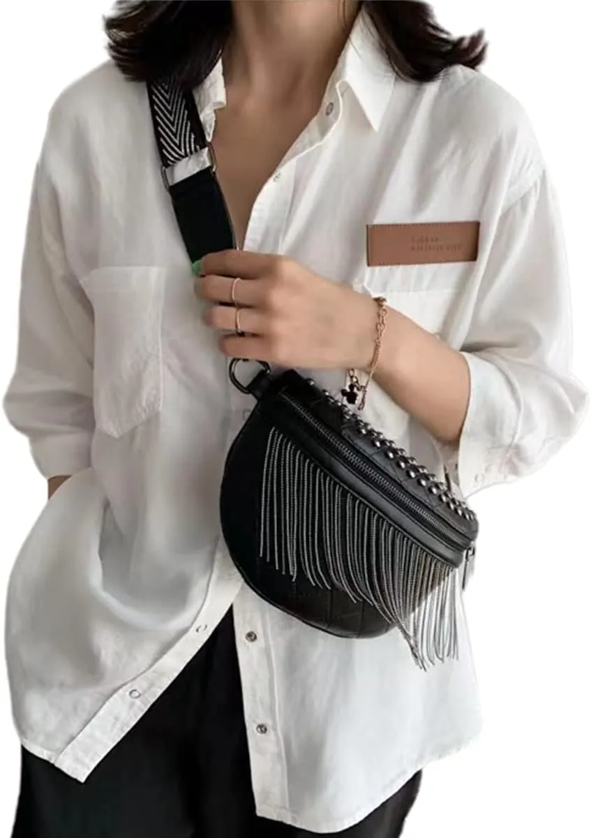 IAMUHI Women Vegan Leather Cross Chest Bag Rivets Fringed Shoulder Handbag Purse Waist Bag,Black