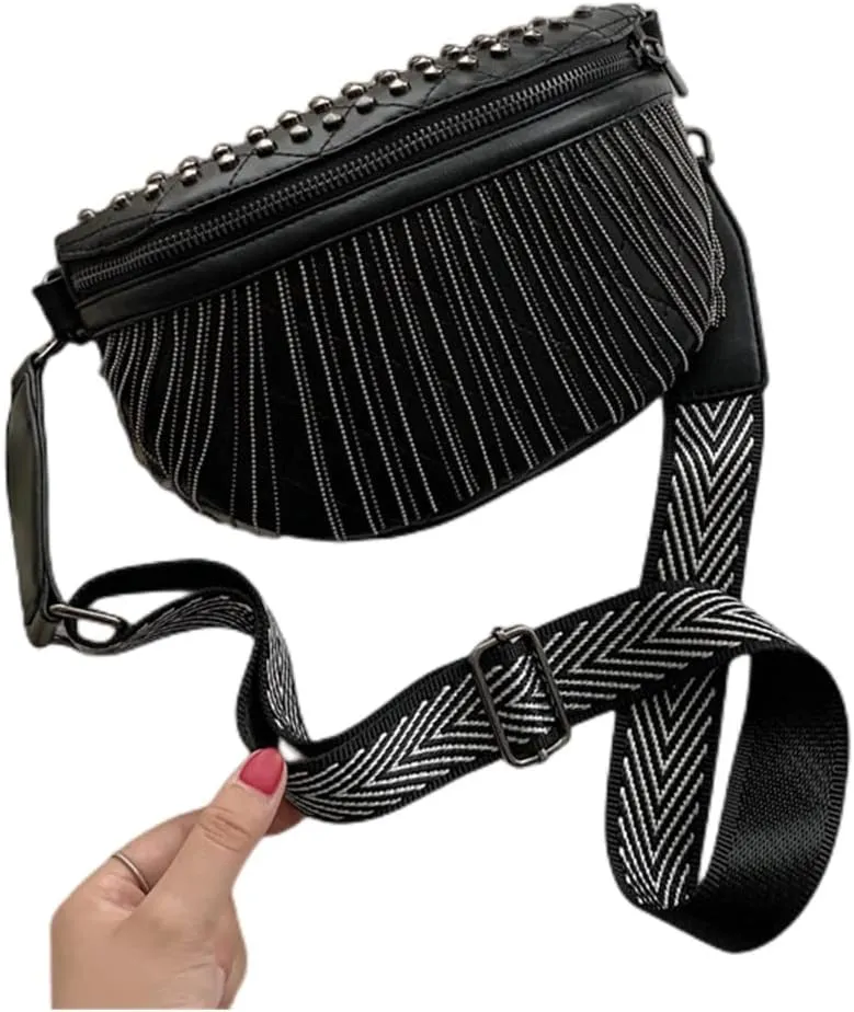 IAMUHI Women Vegan Leather Cross Chest Bag Rivets Fringed Shoulder Handbag Purse Waist Bag,Black