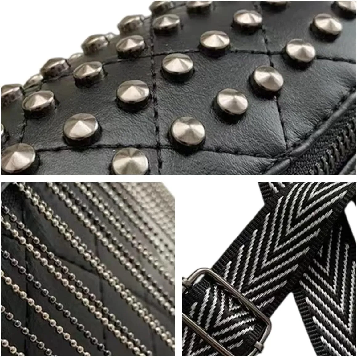 IAMUHI Women Vegan Leather Cross Chest Bag Rivets Fringed Shoulder Handbag Purse Waist Bag,Black