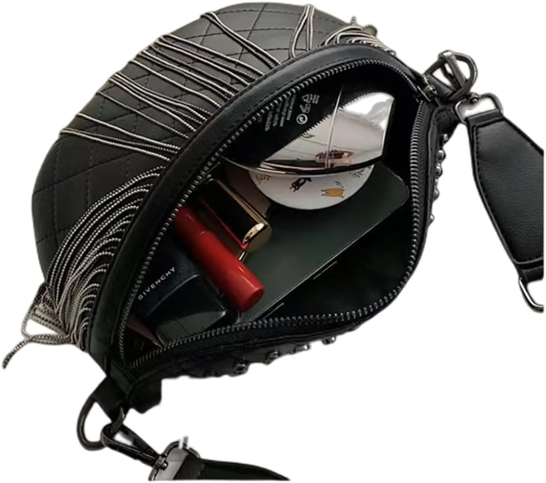 IAMUHI Women Vegan Leather Cross Chest Bag Rivets Fringed Shoulder Handbag Purse Waist Bag,Black