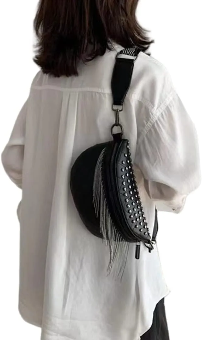 IAMUHI Women Vegan Leather Cross Chest Bag Rivets Fringed Shoulder Handbag Purse Waist Bag,Black